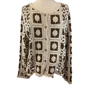 Ultra Pink Womens XL Crochet Cardigan Sweater Brown Cream Square Floral Buttons